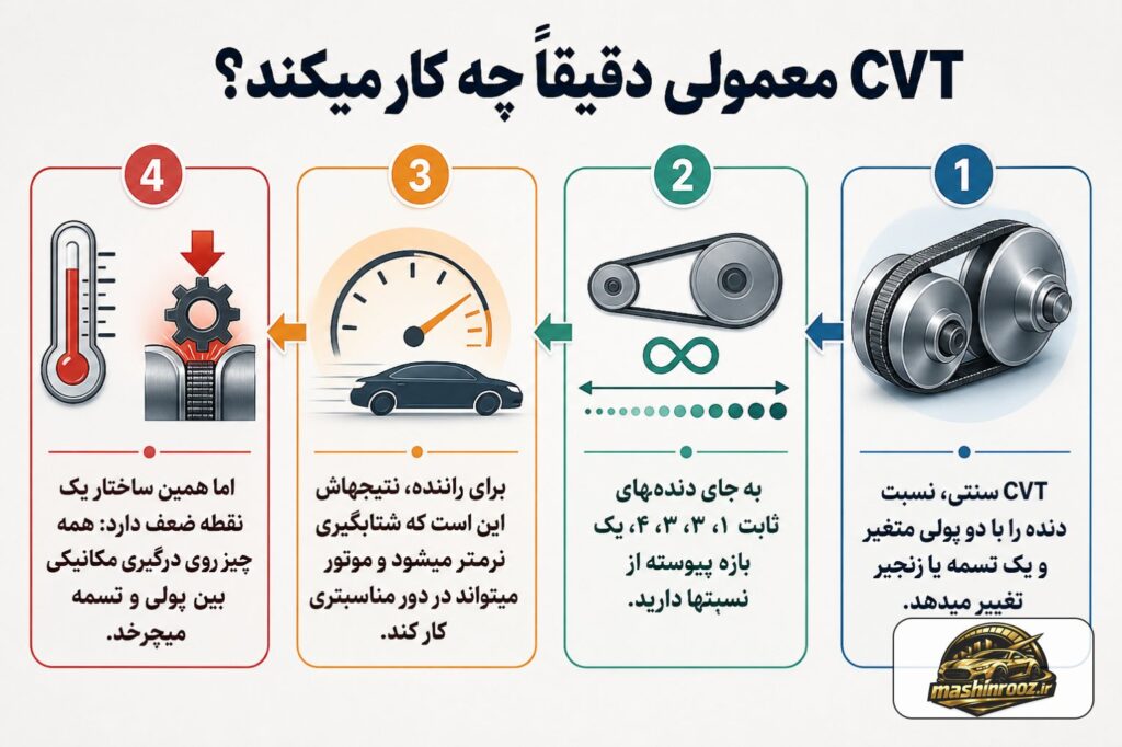 CVT معمولی دقیقاً چه کار میکند؟ CVT سنتی، نسبت دنده را با دو پولی متغیر و یک تسمه یا زنجیر تغییر میدهد. یعنی به جای دنده…